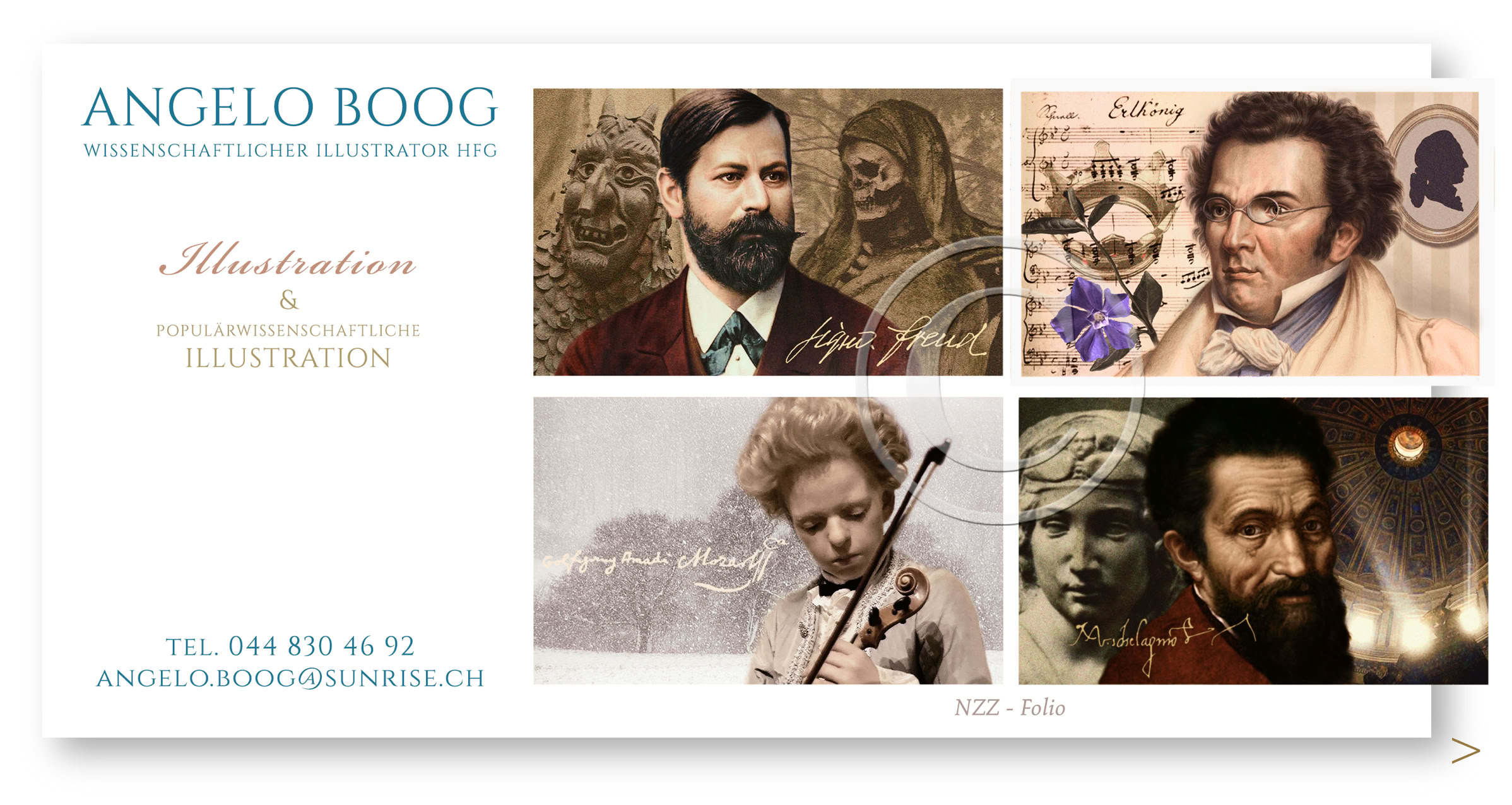 Illustration NZZ Folio  Sigmund Freud Mozart  Portrait Berühmtheiten 